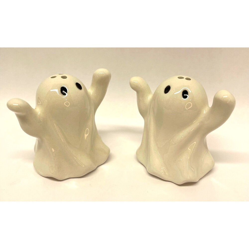 Ceramic White Ghost Salt & Pepper Shakers Raised Arms Halloween Table Decor Set